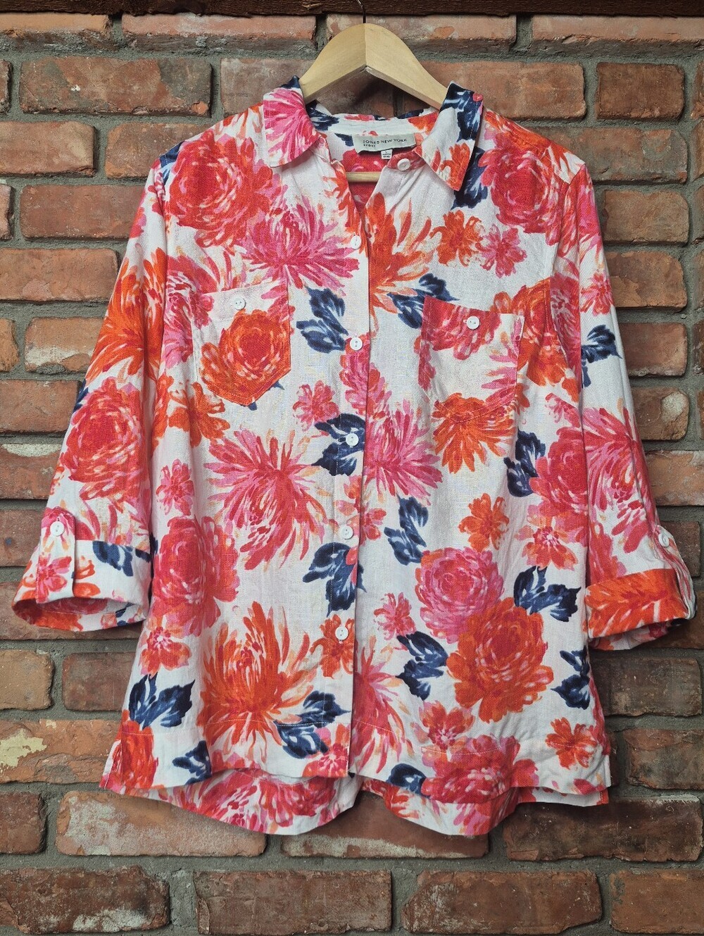 100% Linen Jones New York Sport Floral Button Front Shirt Large